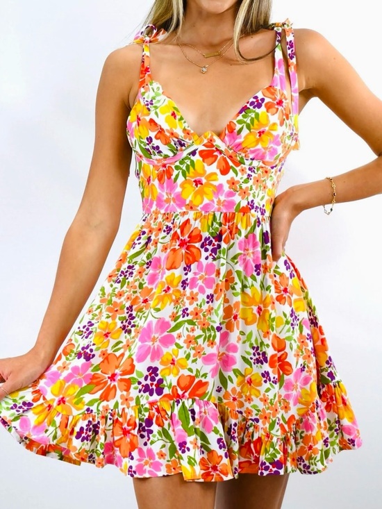 Sky To Moon Dresses & Skirts - SKY TO MOON Flirty Ruffle Bright Floral Tie-Shoulder Bustier Mini Dress
